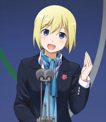 Rule 34 | 1girl, :d, blonde hair, blue eyes, blush, emblem, erica hartmann, formal, heart, long sleeves, microphone, open mouth, scarf, short hair, smile, solo, strike witches, suit, world witches series, youkan