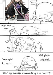 Rule 34 | ..., 4koma, admiral (kancolle), aged down, anger vein, animal, ascot, bag, banknote, bird, black jacket, brown hair, cigarette, closed mouth, clothed animal, comic, commentary, copyright request, dollar bill, dollar sign, english commentary, english text, girls&#039; frontline, guin guin, hands on own hips, holding, holding cigarette, jacket, kantai collection, long sleeves, military jacket, money, monitor, mouth hold, non-human admiral (kancolle), official alternate costume, penguin, ponytail, puffy long sleeves, puffy sleeves, purple ascot, shoulder bag, sleeves past wrists, smile, smoke, smoking, snot, spoken ellipsis, throwing, trembling, ump45 (agent lop rabbit) (girls&#039; frontline)
