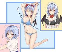 Rule 34 | 1girl, ;o, absurdres, alternate costume, amagi (amagi626), armpits, arms up, bare shoulders, barefoot, bat wings, blue bra, blue hair, blue panties, blush, bow, bow bra, bow panties, bowtie, bra, breasts, buttons, center frills, chestnut mouth, cleavage, closed mouth, collarbone, commentary request, enmaided, eyelashes, fang, flying sweatdrops, frills, hairband, headdress, heart, highres, light blue hair, looking at viewer, maid, maid headdress, medium breasts, multiple views, navel, notice lines, one eye closed, panties, puffy short sleeves, puffy sleeves, red bow, red bowtie, red eyes, red hairband, remilia scarlet, shirt, short hair, short sleeves, sidelocks, stomach, stretching, thighs, touhou, translation request, underwear, wavy mouth, white shirt, wings