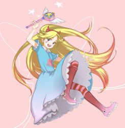Rule 34 | 1girl, bad id, bad pixiv id, blonde hair, blue dress, blue eyes, boots, dress, facial mark, full body, hairband, heart, horns, long hair, nekogusa kinako, open mouth, pantyhose, red footwear, smile, solo, star (symbol), star butterfly, star vs the forces of evil, striped clothes, striped pantyhose, very long hair, wand