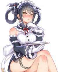 Rule 34 | 1girl, alternate costume, alternate hairstyle, back bow, bad id, bad pixiv id, bare legs, black hair, blush, bow, crossed legs, enmaided, folks (nabokof), frills, gloves, hair rings, hairband, invisible chair, looking at viewer, maid, official alternate costume, short hair, simple background, sitting, solo, tales of (series), tales of berseria, thighlet, velvet crowe, white background, white bow, white gloves, yellow eyes