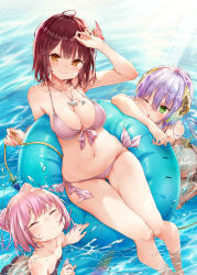 Rule 34 | + +, 3girls, ;o, alt (ctrldel), arm up, atelier (series), atelier sophie, bikini, blush, breasts, brown eyes, cleavage, closed eyes, cornelia (atelier), day, flower, from above, green eyes, hair flower, hair ornament, hand on forehead, highres, innertube, jewelry, legs, lying, medium breasts, medium hair, midriff, multiple girls, navel, necklace, on back, one eye closed, orange eyes, outdoors, partially submerged, pink bikini, pink flower, pink hair, plachta, purple hair, red flower, red hair, short hair, side-tie bikini bottom, smile, soaking feet, sophie neuenmuller, swim ring, swimming, swimsuit, thigh gap, thighs, water, wet
