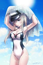 Rule 34 | 10s, 1girl, adapted costume, armpits, artist name, blonde hair, blue eyes, blush, breasts, cleavage, cloud, cloudy sky, collarbone, covered navel, cowboy shot, day, graf zeppelin (kancolle), hair between eyes, hat, highres, kantai collection, large breasts, lips, long hair, omoomomo, one-piece swimsuit, outdoors, parted lips, peaked cap, sidelocks, signature, sky, solo, sun, swimsuit, thighs, towel, tsurime, twintails