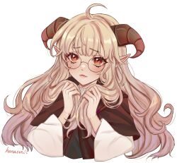 Rule 34 | 1girl, absurdres, ahoge, blush, brown shirt, closed mouth, commentary, cropped torso, english commentary, eyelashes, glasses, hanacues, highres, horns, layered sleeves, lips, long hair, long sleeves, looking at viewer, original, playing with own hair, pointy ears, red eyes, round eyewear, sheep girl, sheep horns, shirt, signature, simple background, solo, upper body, wavy hair, white background, white shirt