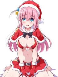 Rule 34 | 1girl, blue eyes, bocchi the rock!, borgbutler, breasts, gotoh hitori, hat, highres, long hair, medium breasts, open mouth, pink hair, santa costume, santa hat, simple background, solo
