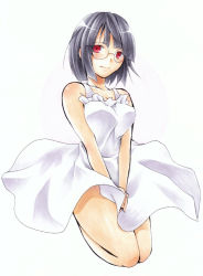Rule 34 | 1girl, bad id, bad pixiv id, dress, durarara!!, endou yusa, female focus, full body, glasses, gradient background, one-piece swimsuit, red eyes, short hair, solo, sonohara anri, sundress, swimsuit, white background
