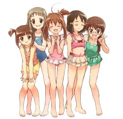Rule 34 | 5girls, :d, ^ ^, ahoge, bad id, bad pixiv id, bare legs, barefoot, bikini, braid, brown hair, casual one-piece swimsuit, closed eyes, feet, glasses, hair bobbles, hair ornament, hands on own knees, happy, highres, hinoki shiho, jewelpet (series), jewelpet twinkle, long hair, looking at viewer, multiple girls, nagura mai, navel, nyama, one-piece swimsuit, open mouth, pigeon-toed, sakura akari, short hair, shorts, side ponytail, simple background, smile, standing, swimsuit, tomoe (jewelpet twinkle), twintails, v, wataki nanami, white background