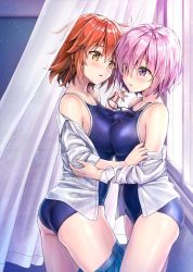Rule 34 | 2girls, ahoge, alternate costume, ass, asymmetrical docking, bare shoulders, black-framed eyewear, blue one-piece swimsuit, blue skirt, blush, breast press, breasts, brown eyes, clothes pull, commentary request, competition school swimsuit, curtains, eyes visible through hair, unworn eyewear, fate/grand order, fate (series), from side, fujimaru ritsuka (female), glasses, hair between eyes, hair over one eye, holding, holding removed eyewear, indoors, koyuki (kotatsu358), large breasts, light particles, long sleeves, mash kyrielight, multiple girls, off shoulder, one-piece swimsuit, open clothes, open shirt, orange hair, parted lips, pink hair, purple eyes, school swimsuit, shirt, short hair, skindentation, skirt, skirt pull, swimsuit, thighs, white shirt, window, yuri