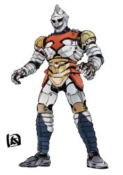 Rule 34 | black eyes, full body, godzilla (series), jet jaguar, looking down, mecha, no humans, ohtagaki yasuo, open hands, robot, science fiction, smile, solo, standing, white background