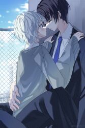 Rule 34 | 2boys, artist name, black hair, black pants, black suit, blue eyes, blue necktie, blush, chain-link fence, closed eyes, day, fence, formal, grey hair, grey sweater, highres, kawashimo, long sleeves, looking at another, male focus, multiple boys, necktie, original, pants, rooftop, short hair, sitting, sitting on lap, sitting on person, suit, sweater, uniform, yaoi