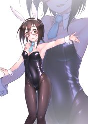 Rule 34 | 1girl, absurdres, animal ears, armpits, black hair, black leotard, black pantyhose, blue necktie, breasts, brown eyes, cleavage, commentary request, detached collar, fake animal ears, feet out of frame, glasses, highres, idolmaster, idolmaster cinderella girls, ka (reonkat), kamijo haruna, leotard, looking at viewer, medium breasts, necktie, outstretched arms, pantyhose, pink-framed eyewear, playboy bunny, rabbit ears, rabbit girl, rabbit tail, short hair, simple background, solo, strapless, strapless leotard, tail, white background, wrist cuffs, zoom layer