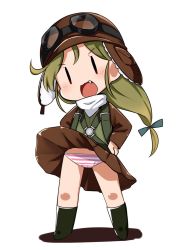 Rule 34 | 1girl, blush, bomber hat, brown hat, brown skirt, fairy (kancolle), fang, goggles, goggles on headwear, green hair, hands on own hips, hat, highres, kantai collection, long hair, low-tied long hair, nassukun, open mouth, panties, simple background, skirt, solo, standing, striped clothes, striped panties, underwear, white background, wind, wind lift