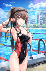 Rule 34 | 1girl, ahoge, arm up, armpits, bare arms, bare shoulders, black one-piece swimsuit, breasts, brown hair, chain-link fence, cleavage, closed mouth, clothes pull, cloud, competition swimsuit, covered navel, cowboy shot, day, duplicate, earrings, fence, goggles, groin, hair ornament, hairclip, hand up, highleg, highleg swimsuit, highres, jewelry, large breasts, lkeris, long hair, looking at viewer, one-piece swimsuit, one-piece swimsuit pull, orange eyes, original, outdoors, pixel-perfect duplicate, ponytail, pool, sidelocks, smile, smirk, solo, standing, sunlight, swimsuit, thighs, tongue, tongue out, wet