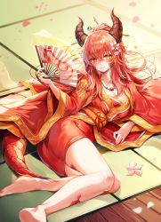Rule 34 | 1girl, ass, bare legs, barefoot, blush, breasts, chinese clothes, cleavage, closed mouth, commentary request, crossed bangs, dragon, dragon girl, dragon horns, dragon tail, eastern dragon, fingernails, flower, full body, gold trim, hair between eyes, hair flower, hair ornament, hairpin, hand fan, hand up, heterochromia, highres, horns, indoors, jewelry, large breasts, long hair, long sleeves, looking at viewer, lying, necklace, on side, original, petals, red eyes, red hair, red rope, rope, scales, shadow, sitting, smile, solo, tail, thighs, wide sleeves, yellow eyes, yokozuwari, zerocat