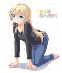 Rule 34 | 10s, 1girl, all fours, barefoot, blonde hair, blue eyes, copyright name, denim, doughnut, food, food in mouth, jeans, kyuutou (kyuutouryuu), long hair, long sleeves, looking at viewer, new game!, pants, solo, yagami kou