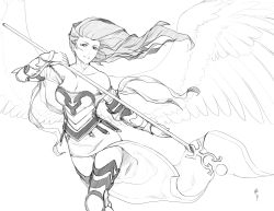 Rule 34 | 1girl, absurdres, angel, angel wings, arm armor, armor, armpit peek, black eyes, breasts, bruna light of alabaster, collarbone, corset, feathered wings, floating hair, greyscale, highres, holding, holding weapon, leg armor, less, long hair, looking at viewer, magic: the gathering, monochrome, no bra, simple background, skirt, solo, staff, weapon, white background, wings