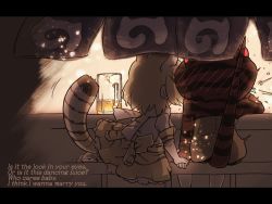 Rule 34 | 10s, 2girls, ^^^, alcohol, animal ears, aqua hair, beer, beer mug, blush, bow, cat ears, cat tail, commentary request, cup, elbow gloves, english text, extra ears, food stand, from behind, full-face blush, gloves, holding hands, hood, hoodie, implied kiss, japari symbol, kemono friends, letterboxed, lyrics, marriage proposal, mug, multiple girls, qralto, sand cat (kemono friends), sitting, snake tail, striped clothes, striped hoodie, surprised, tail, tsuchinoko (kemono friends), yuri