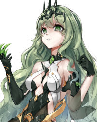 Rule 34 | 1girl, absurdres, asymmetrical gloves, bare shoulders, breasts, claws, cleavage, cream bread, crown, dress, elbow gloves, gloves, green dress, green eyes, green gloves, green hair, hair between eyes, highres, honkai (series), honkai impact 3rd, long hair, mismatched gloves, mobius (honkai impact), open mouth, simple background, sleeveless, sleeveless dress, solo, teeth, wavy hair, white background