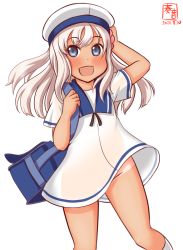 Rule 34 | 1girl, bag, blue sailor collar, cosplay, dress, hat, hiburi (kancolle), hiburi (kancolle) (cosplay), kanon (kurogane knights), kantai collection, long hair, looking at viewer, no panties, one-hour drawing challenge, ro-500 (kancolle), sailor collar, sailor dress, sailor hat, school bag, short sleeves, smile, socks, solo, tan, tanline, white background, white dress, white hat, white socks