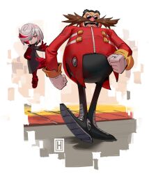 Rule 34 | 1boy, 1girl, absurdres, bald, black dress, child, dr. eggman, dress, facial hair, fat, fat man, father and daughter, floating, full body, gloves, highres, mustache, open mouth, red eyes, sage (sonic), sonic (series), sonic frontiers, thehelmet guy, walking, white gloves, white hair