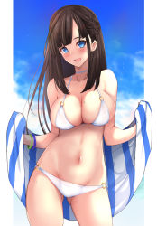 Rule 34 | 1girl, bare shoulders, bikini, black hair, blue eyes, blue sky, blush, bracelet, breasts, cleavage, cloud, collarbone, contrapposto, cowboy shot, gluteal fold, groin, highres, jewelry, large breasts, long hair, looking at viewer, mole, mole on breast, mole under mouth, navel, o-ring, o-ring bikini, o-ring bottom, o-ring top, original, revision, sidelocks, sky, smile, solo, standing, swimsuit, thighs, towel, untue, white bikini