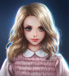 Rule 34 | 1girl, absurdres, black background, black eyes, blonde hair, blood, closed mouth, collar, eleven (stranger things), eyelashes, highres, long hair, looking at viewer, nosebleed, pink lips, pink shirt, portrait, rena illusion, shirt, smile, solo focus, stranger things, upper body, v-shaped eyebrows, white collar