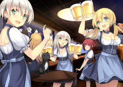Rule 34 | 10s, 5girls, :d, :o, alcohol, alternate costume, beer, beer mug, bismarck (kancolle), blonde hair, blue eyes, brown eyes, brown hair, cat, cup, dirndl, dreamlight2000, dress, german clothes, kantai collection, looking at viewer, matching outfits, mug, multiple girls, oktoberfest, open mouth, prinz eugen (kancolle), red hair, short hair, smile, spoken squiggle, squiggle, twintails, u-511 (kancolle), unsinkable sam, z1 leberecht maass (kancolle), z3 max schultz (kancolle)