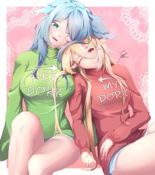 Rule 34 | 2girls, absurdres, blonde hair, blue eyes, blue hair, blue shorts, blush, breasts, commentary, dragon girl, dragon wings, elira pendora, english commentary, fangs, green shirt, head wings, heterochromia, highres, holding hands, large breasts, long hair, looking at viewer, medium breasts, multiple girls, nijisanji, nijisanji en, on shoulder, one eye closed, open mouth, pointy ears, pomu rainpuff, red eyes, red shirt, shirt, short shorts, shorts, smile, syxh, text print, virtual youtuber, wings