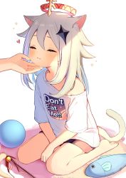Rule 34 | 1girl, 1other, :3, alternate costume, animal ear fluff, animal ears, ball, barefoot, bell, blush, cat ears, cat girl, cat tail, chiroron, closed eyes, closed mouth, commentary request, english text, facing viewer, feet, fish, genshin impact, hair ornament, hand on another&#039;s chin, heart, highres, jingle bell, kemonomimi mode, long hair, paimon (genshin impact), pov, pov hands, shirt, short shorts, short sleeves, shorts, sidelocks, simple background, single bare shoulder, sitting, t-shirt, tail, text print, thighs, toes, white background, white hair, white shirt