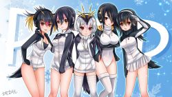 Rule 34 | 10s, 5girls, black hair, black jacket, blush, breasts, brown hair, covered navel, emperor penguin (kemono friends), gentoo penguin (kemono friends), hair over one eye, headphones, highres, hood, hooded jacket, humboldt penguin (kemono friends), jacket, jacket tug, kemono friends, large breasts, leotard, long hair, looking at viewer, miniskirt, multiple girls, omoomomo, open clothes, open jacket, open mouth, panties, pantyshot, penguins performance project (kemono friends), pleated skirt, red eyes, rockhopper penguin (kemono friends), royal penguin (kemono friends), shiny skin, short hair, simple background, skirt, smile, standing, tail, thighhighs, twintails, underwear, white legwear, white leotard, white panties, white skirt