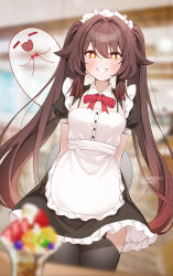 Rule 34 | 1girl, :d, alternate costume, apron, arms behind back, black skirt, black thighhighs, blurry, blurry background, blurry foreground, boo tao (genshin impact), brown hair, commentary request, commission, cowboy shot, enmaided, flower-shaped pupils, garter straps, genshin impact, grin, gya (144), highres, holding, holding plate, hu tao (genshin impact), indoors, long hair, looking at viewer, maid, maid apron, maid headdress, neck ribbon, open mouth, parfait, pixiv commission, plate, puffy short sleeves, puffy sleeves, red eyes, red ribbon, ribbon, shirt, short sleeves, skirt, smile, solo, symbol-shaped pupils, thighhighs, twintails, very long hair, white apron, white shirt