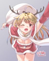 Rule 34 | 10s, 1girl, :d, ahoge, alternate costume, antlers, arm up, bag, blonde hair, blush, breasts, check commentary, christmas, commentary request, detached sleeves, fake horns, fang, female focus, gradient hair, hair flaps, hair ornament, hair ribbon, hairclip, higeno shinshi, holding, holding bag, horns, kantai collection, large breasts, leaning forward, long hair, multicolored hair, one eye closed, open mouth, panties, pantyshot, red eyes, red panties, red skirt, reindeer antlers, ribbon, sack, santa costume, scarf, simple background, skirt, smile, solo, thighhighs, underwear, white scarf, white thighhighs, yuudachi (kancolle), yuudachi kai ni (kancolle), zettai ryouiki
