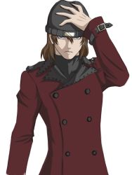 Rule 34 | 1boy, aragaki shinjirou, atlus, beanie, brown hair, coat, hat, highres, male focus, persona, persona 3, simple background, solo, trench coat, white background