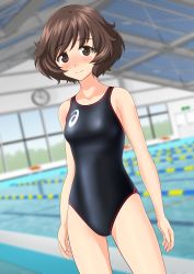 Rule 34 | 1girl, absurdres, akiyama yukari, arms at sides, asics, black one-piece swimsuit, blurry, blurry background, blush, breasts, brown eyes, brown hair, clothes writing, collarbone, competition swimsuit, cowboy shot, depth of field, embarrassed, emblem, from behind, girls und panzer, gluteal fold, highres, lane line, legs apart, logo, looking at viewer, multiple views, nose blush, one-piece swimsuit, pool, poolside, short hair, small breasts, standing, swept bangs, swimsuit, takafumi, thighs, water, wavy hair