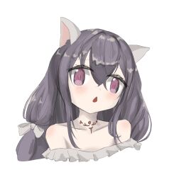 Rule 34 | 1girl, animal ears, brown dust 2, cat ears, cat girl, chest tattoo, cropped torso, dress, eyebrows hidden by hair, grey dress, grey hair, grey ribbon, hair between eyes, hair ribbon, highres, light blush, long hair, looking at viewer, nigiritunamayo, open mouth, purple eyes, ribbon, rou (brown dust), simple background, solo, strapless, strapless dress, tattoo, triangle mouth, very long hair, white background