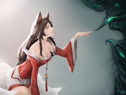 Rule 34 | 1girl, ahri (league of legends), animal ears, artist name, bare shoulders, black hair, breasts, cheesewoo, cleavage, colored smoke, dress, facial mark, fox ears, fox girl, fox tail, from side, hair over shoulder, hand up, highres, korean clothes, kyuubi, large breasts, league of legends, long hair, parted lips, pointing, reaching, reaching towards viewer, short dress, smoke, solo, tail, tassel, whisker markings, yellow eyes