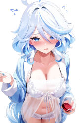 Rule 34 | 1girl, alternate breast size, blue hair, blue jacket, blue nails, blush, breasts, cleavage, collarbone, commentary, cup, drinking glass, embarrassed, fantongjun, flying sweatdrops, furina (genshin impact), genshin impact, hair between eyes, highres, holding, holding cup, jacket, large breasts, light blue hair, long hair, long sleeves, looking at viewer, multicolored hair, open clothes, open jacket, open mouth, panties, see-through babydoll, solo, symbol-only commentary, underwear, very long hair, white background, white hair, white panties, wine glass