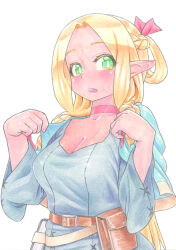 Rule 34 | 1girl, blonde hair, blue capelet, blue robe, breasts, capelet, choker, cleavage, commentary request, dungeon meshi, elf, green eyes, large breasts, marcille donato, open mouth, pointy ears, red choker, robe, simple background, solo, traditional media, white background, zanma