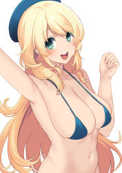 Rule 34 | 1girl, akagi kurage, aqua eyes, armpits, atago (kancolle), bad id, bad twitter id, beret, bikini, blonde hair, blue bikini, blue hat, breasts, cleavage, hat, highres, kantai collection, large breasts, long hair, navel, open mouth, simple background, smile, solo, swimsuit, teeth, upper body, upper teeth only, white background