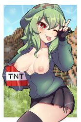Rule 34 | breasts, creeper, explosive, green hair, highres, hood, hoodie, medium breasts, minecraft, one eye closed, red eyes, skirt, smile, tnt, tnt block (minecraft), tongue, tongue out