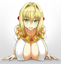 Rule 34 | 1girl, ahoge, blonde hair, blush, breasts, cleavage, fate/grand order, fate (series), female focus, green eyes, highres, jadf, jewelry, large breasts, long hair, looking at viewer, lying, nero claudius (fate), nero claudius (fate) (all), nero claudius (fate/extra), on back, open mouth, smile, solo, white background