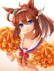 Rule 34 | 1girl, ahoge, alternate hairstyle, animal ears, artist name, blue eyes, bow, bowtie, brown hair, cheerleader, commentary, cosplay, cropped shirt, ear ornament, grey hairband, hair ornament, hair up, hairband, highres, holding, holding pom poms, horse ears, horse girl, long hair, looking at viewer, midriff, mihono bourbon (umamusume), navel, nice nature (run&amp;win) (umamusume), nice nature (umamusume), nice nature (umamusume) (cosplay), open mouth, pom pom (cheerleading), pom poms, ponytail, red bow, red bowtie, roppaku, sailor collar, shirt, sleeveless, sleeveless shirt, smile, solo, umamusume, white background, white sailor collar, white shirt