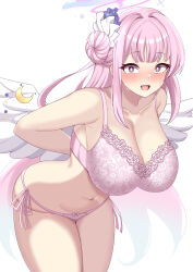 Rule 34 | 1girl, @ @, angel wings, bare shoulders, bent over, blue archive, blush, bow, bow panties, bra, breasts, cleavage, collarbone, crescent, feathered wings, floral print, flower, frilled ribbon, frills, gradient eyes, gradient hair, groin, hair bun, hair flower, hair intakes, hair ornament, hair ribbon, halo, highres, large breasts, long hair, looking at viewer, mika (blue archive), multicolored eyes, multicolored hair, nanao (naoekaki25), navel, open mouth, panties, pink bow, pink bra, pink eyes, pink hair, pink halo, pink panties, print bra, print panties, purple flower, raised eyebrows, ribbon, side-tie panties, simple background, single side bun, smile, solo, stomach, surprised, sweat, thighs, two-tone eyes, two-tone hair, underwear, white background, white ribbon, white wings, wings, yellow eyes