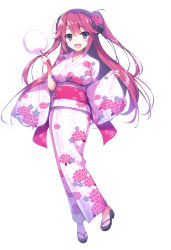 Rule 34 | 1girl, absurdres, blue eyes, blush, collarbone, cotton candy, floral print, flower, food, full body, hair flower, hair ornament, highres, holding, japanese clothes, long hair, looking at viewer, obi, official art, open mouth, pink hair, sakura airi, sandals, sash, scan, simple background, smile, solo, tomose shunsaku, white background, wide sleeves, youkoso jitsuryoku shijou shugi no kyoushitsu e