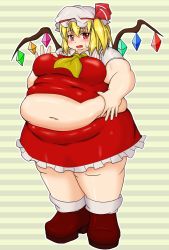Rule 34 | 1girl, bad anatomy, bad id, bad pixiv id, blonde hair, blush, breasts, fang, fat, flandre scarlet, hat, large breasts, midriff, mob cap, navel, nerizou, obese, open mouth, poorly drawn, red eyes, shoes, short hair, side ponytail, skirt, skirt set, solo, touhou, wings