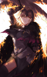 Rule 34 | 1girl, armor, blonde hair, breasts, cape, fate/grand order, fate (series), fire, flag, gauntlets, headpiece, jeanne d&#039;arc (fate), jeanne d&#039;arc alter (avenger) (fate), jeanne d&#039;arc alter (avenger) (first ascension) (fate), jeanne d&#039;arc alter (fate), kachiino, looking at viewer, ruler (fate/grand order), short hair, solo, thighhighs, yellow eyes