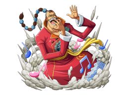 Rule 34 | 1boy, chinese clothes, glasses, long hair, male focus, musical note, official art, one piece, one piece treasure cruise, open mouth, ponytail, red robe, robe, sash, scratchmen apoo, solo, teeth, yellow sash