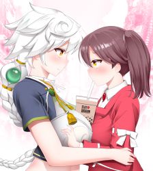 Rule 34 | 2girls, asymmetrical docking, blush, braid, breast press, breasts, brown hair, bubble tea, bubble tea challenge, collared shirt, commentary request, crop top, cup, disposable cup, dress shirt, drinking, english text, eye contact, hair between eyes, hair ornament, highres, jacket, japanese clothes, kantai collection, kariginu, kirigakure (kirigakure tantei jimusho), large breasts, long hair, long sleeves, looking at another, magatama, multiple girls, profile, red jacket, ryuujou (kancolle), shirt, short sleeves, single braid, small breasts, smile, twintails, unryuu (kancolle), upper body, very long hair, wavy hair, white hair, white shirt, yellow eyes