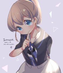 Rule 34 | 1girl, black shirt, blue eyes, breasts, brown hair, character name, cowboy shot, dated, grey background, grey neckwear, harunohotaru, index finger raised, intrepid (kancolle), kantai collection, large breasts, looking at viewer, miniskirt, multicolored neckerchief, neckerchief, no nose, ponytail, shirt, short hair, skirt, smile, solo, twitter username, white skirt