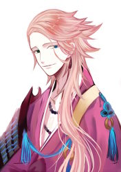 Rule 34 | 1boy, blue eyes, heterochromia, japanese clothes, jewelry, looking at viewer, male focus, necklace, pink hair, river (41111), smile, solo, souza samonji, swept bangs, touken ranbu